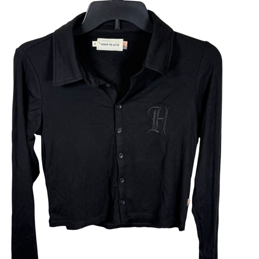 NWT Honor The Gift Black Ribbed Long-Sleeve Collared Shirt Size Medium